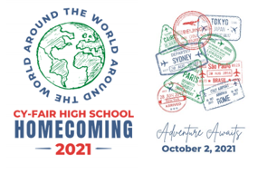 Image of Homecoming shirt Design of passport stamps and text reading "Around the World, Cy-Fair Homecoming 2021"